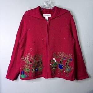 Vtg Tiara International Christmas Collection Reindeer Red Full Zip Sweater Sz M